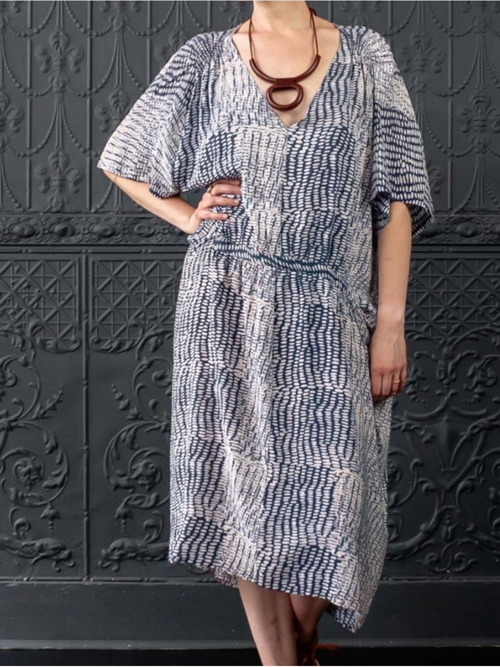 Humanoid Blue And Cream Patterned V-Neck Silk Midi Dress